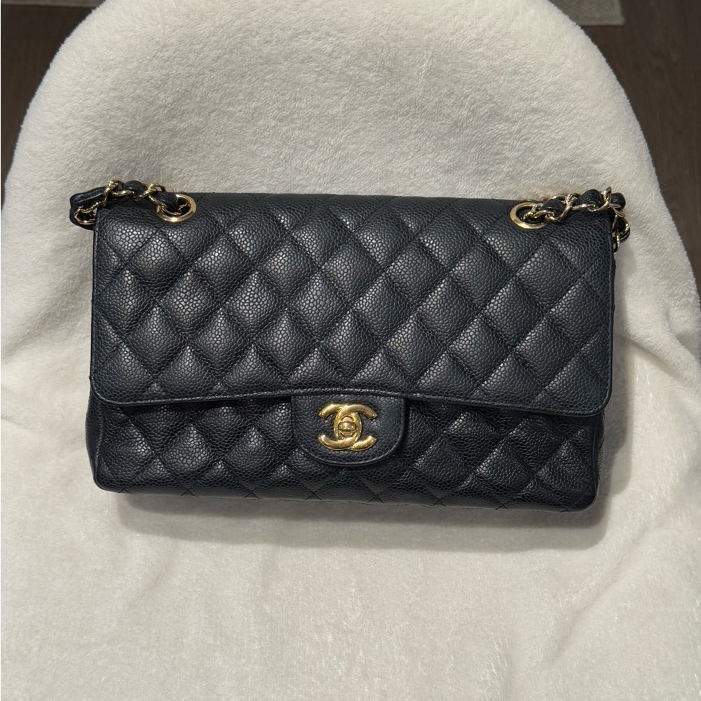 Authentic CHANEL Black Quilted Caviar Leather Flap Bag with Gold Hardware
